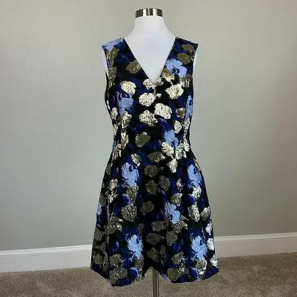Badgley Mischka Metallic Floral Print A-Line Cocktail Dress Blue Multi Size 12 - Picture 2 of 13